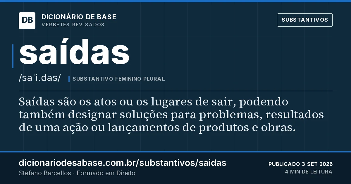 Cartão do verbete saídas: Saídas são os atos ou os lugares de sair, podendo também designar soluções para problemas, resultados de uma ação ou…