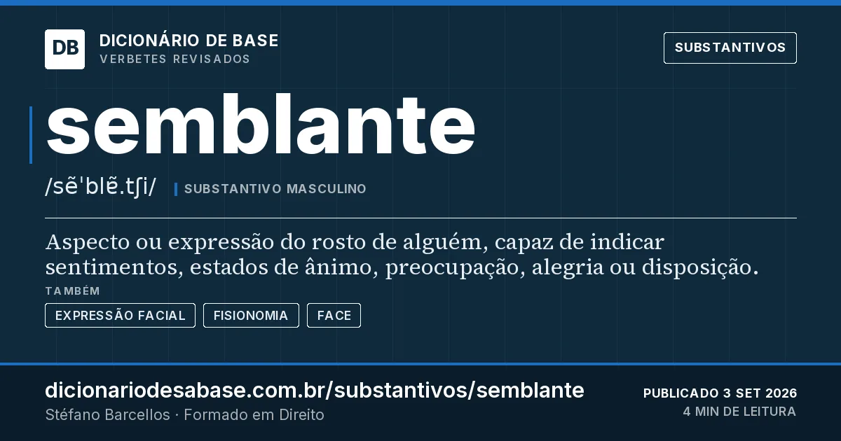 Cartão do verbete semblante: Aspecto ou expressão do rosto de alguém, capaz de indicar sentimentos, estados de ânimo, preocupação, alegria ou…