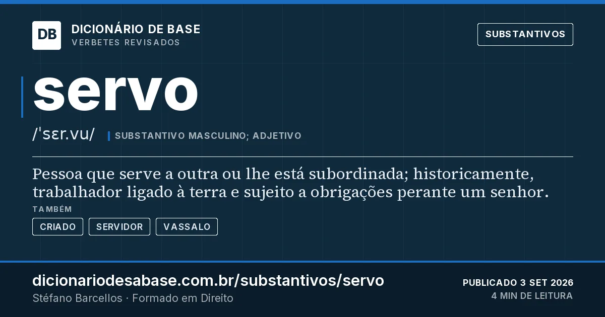 Cartão do verbete servo: Pessoa que serve a outra ou lhe está subordinada; historicamente, trabalhador ligado à terra e sujeito a obrigações…