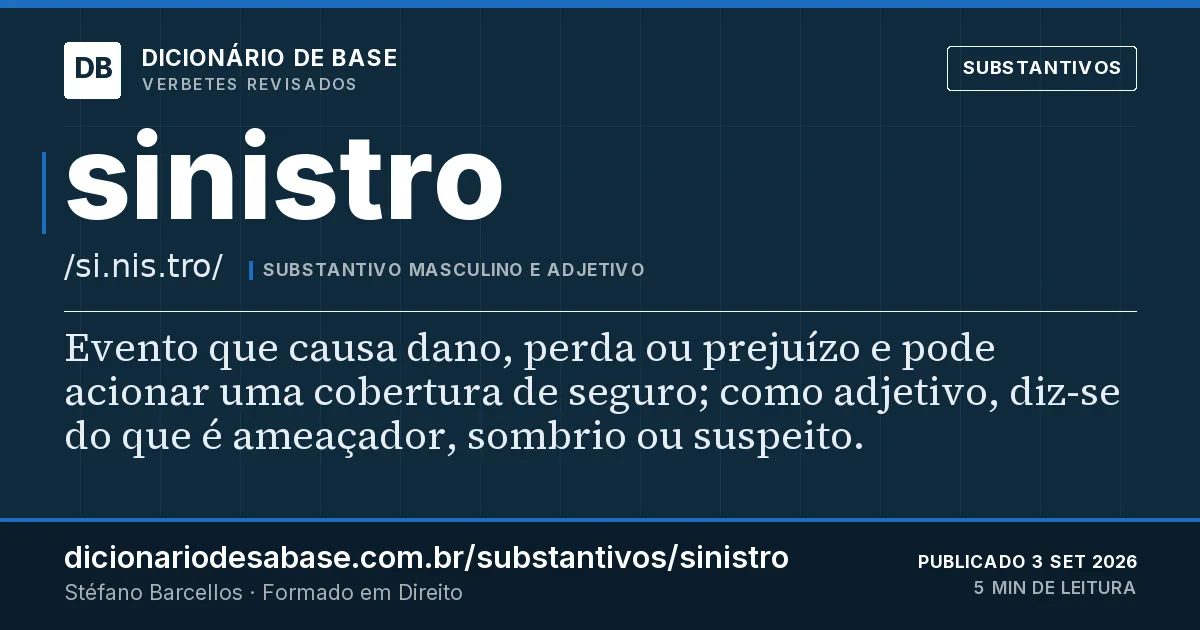 Cartão do verbete sinistro: Evento que causa dano, perda ou prejuízo e pode acionar uma cobertura de seguro; como adjetivo, diz-se do que é…