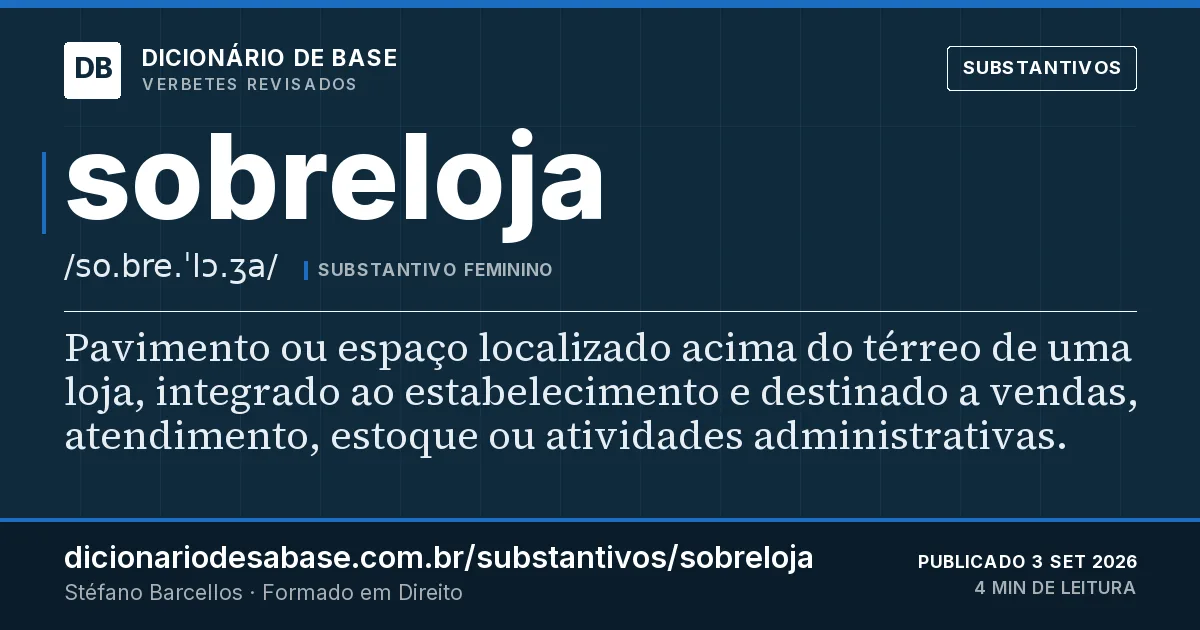 Cartão do verbete sobreloja: Pavimento ou espaço localizado acima do térreo de uma loja, integrado ao estabelecimento e destinado a vendas…