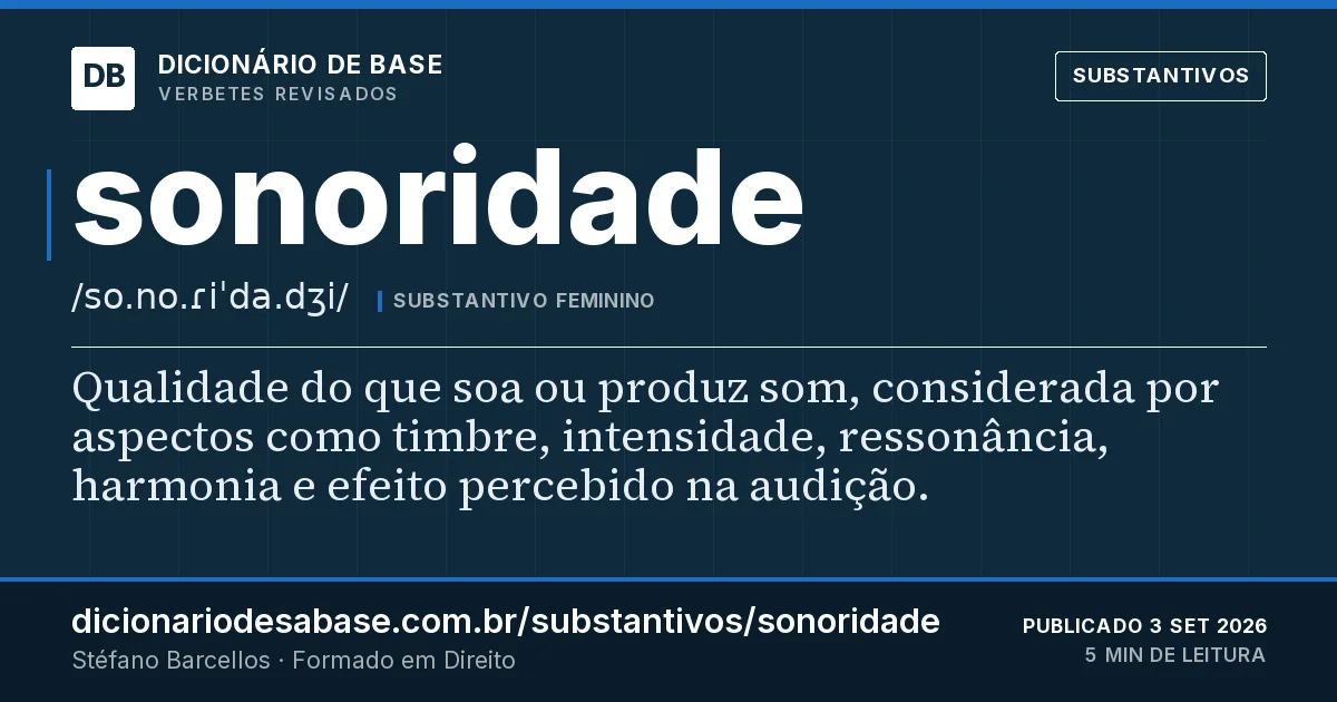 Cartão do verbete sonoridade: Qualidade do que soa ou produz som, considerada por aspectos como timbre, intensidade, ressonância, harmonia e efeito…