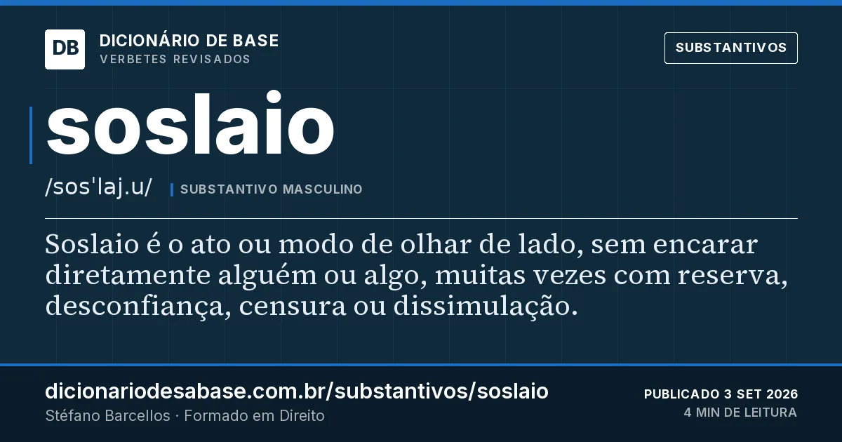 Cartão do verbete soslaio: Soslaio é o ato ou modo de olhar de lado, sem encarar diretamente alguém ou algo, muitas vezes com reserva…