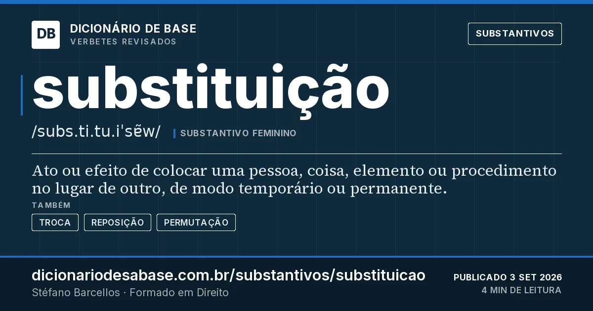 Cartão do verbete substituição: Ato ou efeito de colocar uma pessoa, coisa, elemento ou procedimento no lugar de outro, de modo temporário ou…