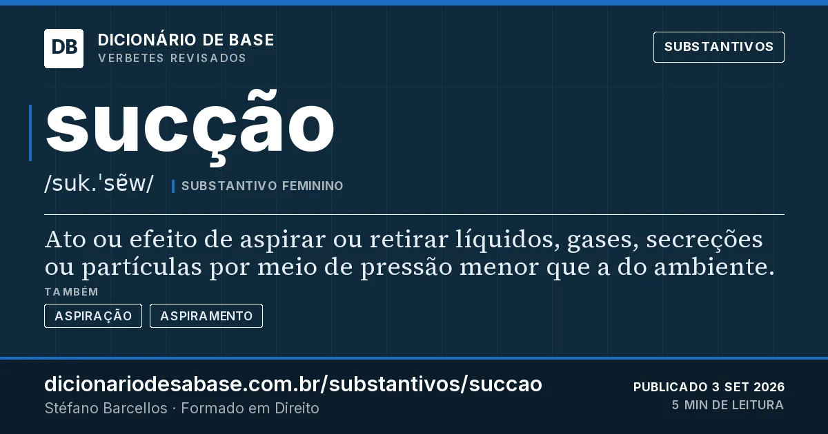 Cartão do verbete sucção: Ato ou efeito de aspirar ou retirar líquidos, gases, secreções ou partículas por meio de pressão menor que a do…