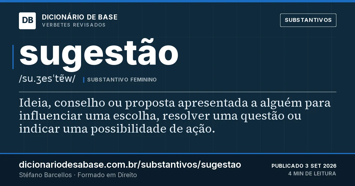 Cartão do verbete sugestão: Ideia, conselho ou proposta apresentada a alguém para influenciar uma escolha, resolver uma questão ou indicar uma…