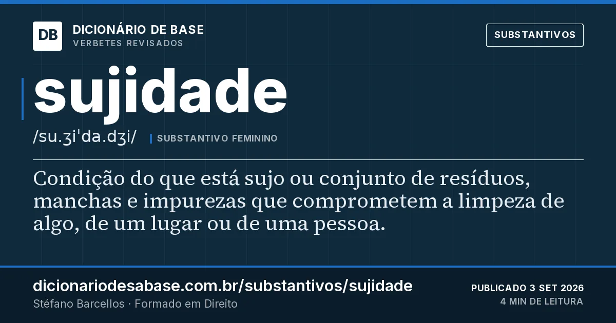 Cartão do verbete sujidade: Condição do que está sujo ou conjunto de resíduos, manchas e impurezas que comprometem a limpeza de algo, de um lugar…