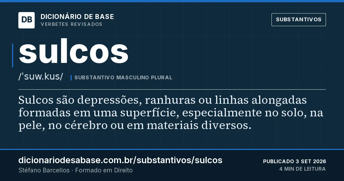 Cartão do verbete sulcos: Sulcos são depressões, ranhuras ou linhas alongadas formadas em uma superfície, especialmente no solo, na pele, no…