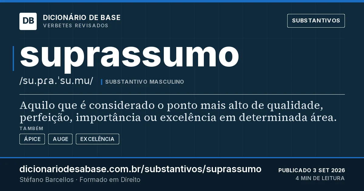 Cartão do verbete suprassumo: Aquilo que é considerado o ponto mais alto de qualidade, perfeição, importância ou excelência em determinada área.