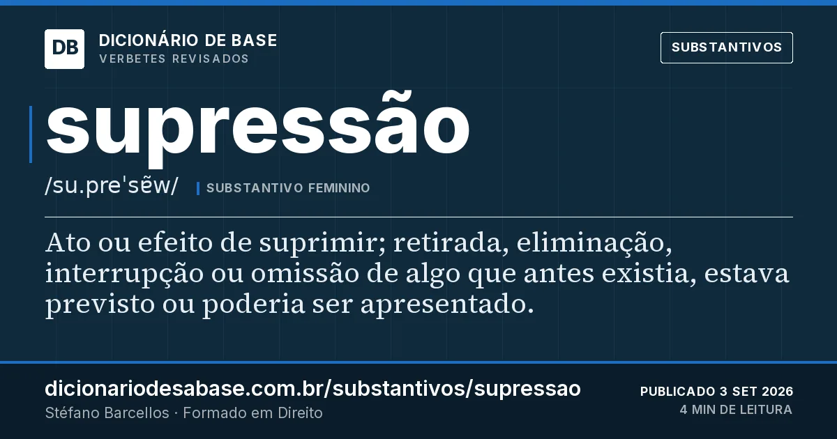 Cartão do verbete supressão: Ato ou efeito de suprimir; retirada, eliminação, interrupção ou omissão de algo que antes existia, estava previsto ou…