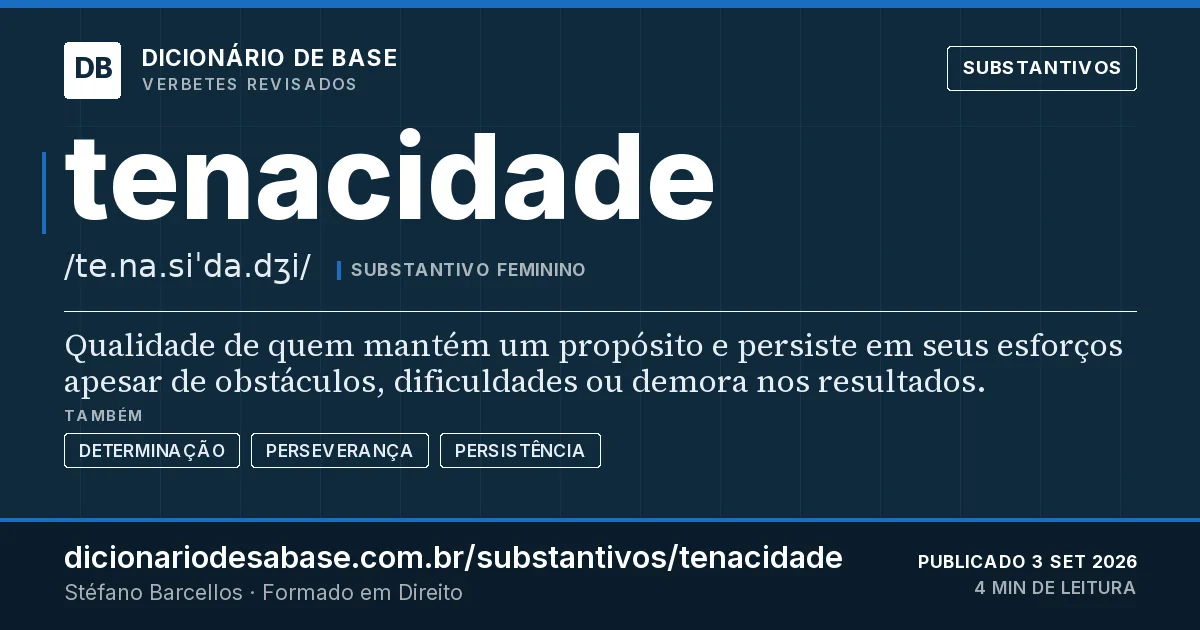 Cartão do verbete tenacidade: Qualidade de quem mantém um propósito e persiste em seus esforços apesar de obstáculos, dificuldades ou demora nos…