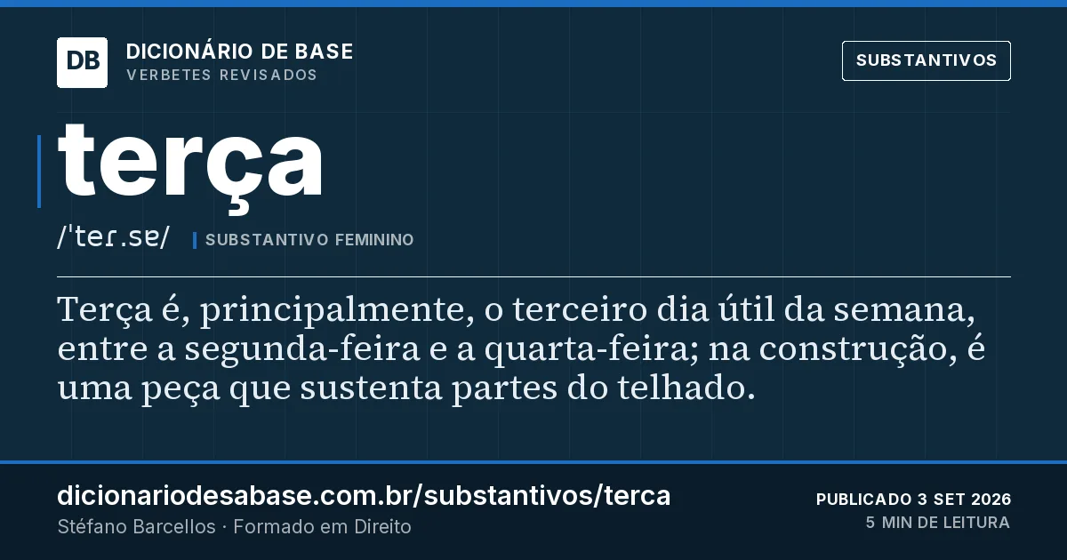 Cartão do verbete terça: Terça é, principalmente, o terceiro dia útil da semana, entre a segunda-feira e a quarta-feira; na construção, é uma…