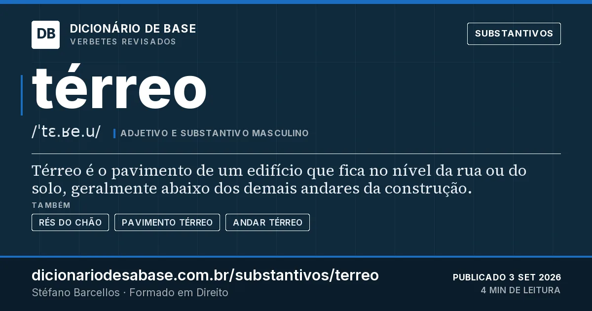 Cartão do verbete térreo: Térreo é o pavimento de um edifício que fica no nível da rua ou do solo, geralmente abaixo dos demais andares da…
