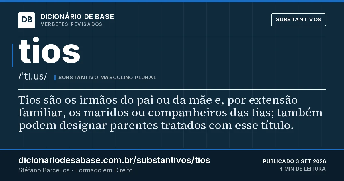 Cartão do verbete tios: Tios são os irmãos do pai ou da mãe e, por extensão familiar, os maridos ou companheiros das tias; também podem…