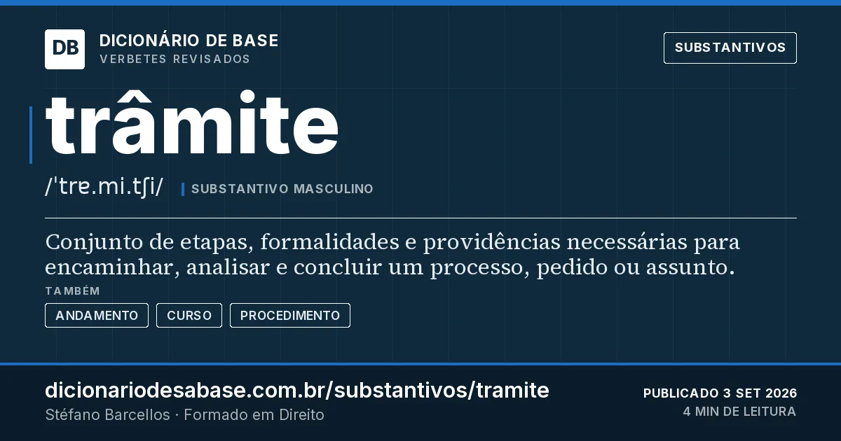 Cartão do verbete trâmite: Conjunto de etapas, formalidades e providências necessárias para encaminhar, analisar e concluir um processo, pedido ou…