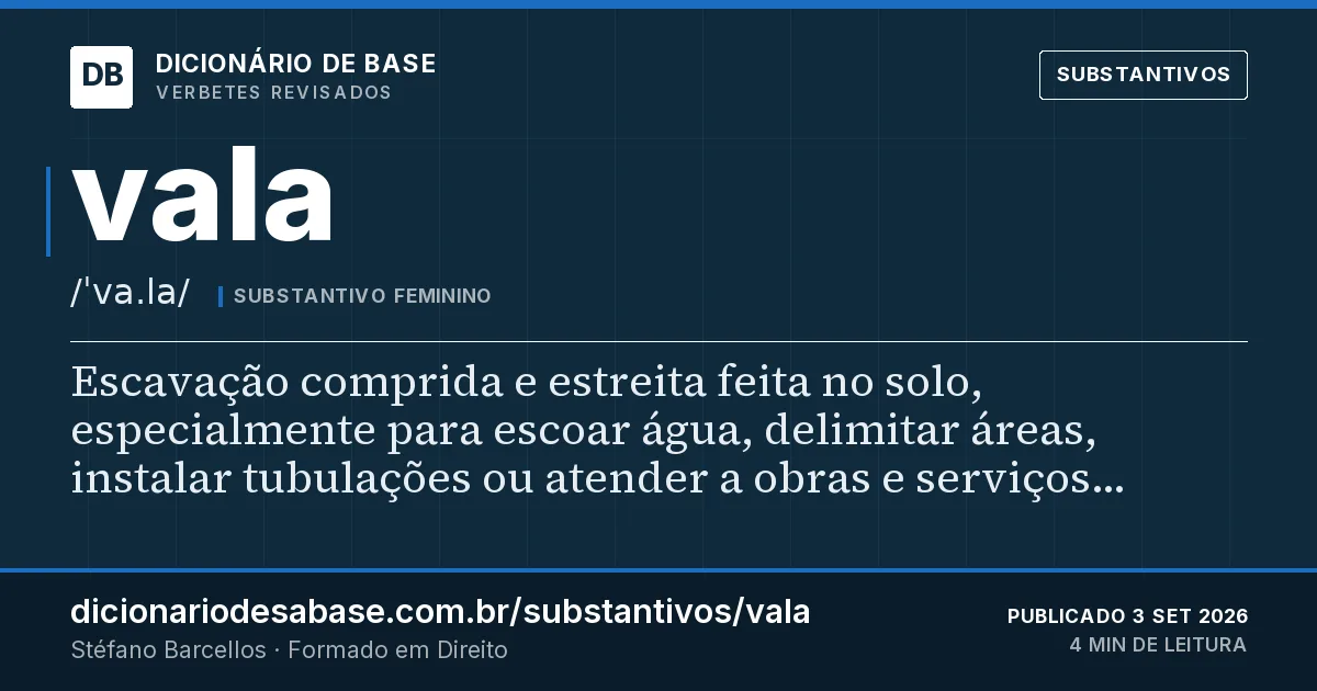 Cartão do verbete vala: Escavação comprida e estreita feita no solo, especialmente para escoar água, delimitar áreas, instalar tubulações ou…