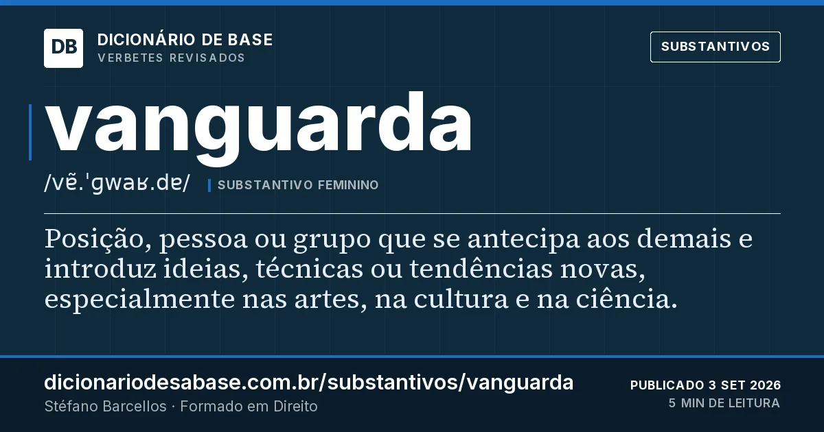 Cartão do verbete vanguarda: Posição, pessoa ou grupo que se antecipa aos demais e introduz ideias, técnicas ou tendências novas, especialmente nas…