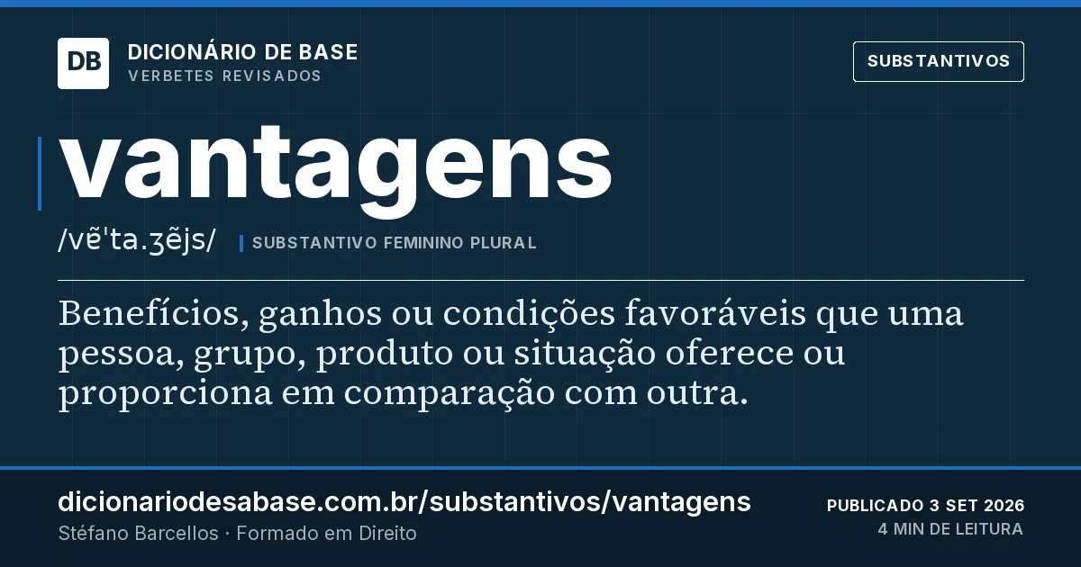 Cartão do verbete vantagens: Benefícios, ganhos ou condições favoráveis que uma pessoa, grupo, produto ou situação oferece ou proporciona em…