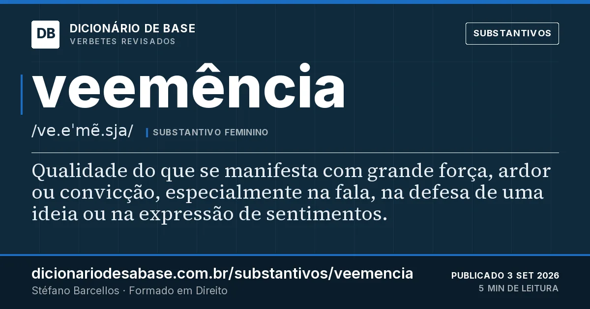 Cartão do verbete veemência: Qualidade do que se manifesta com grande força, ardor ou convicção, especialmente na fala, na defesa de uma ideia ou na…