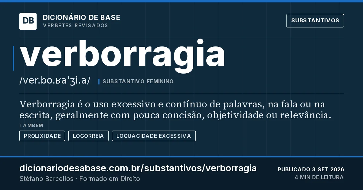 Cartão do verbete verborragia: Verborragia é o uso excessivo e contínuo de palavras, na fala ou na escrita, geralmente com pouca concisão…