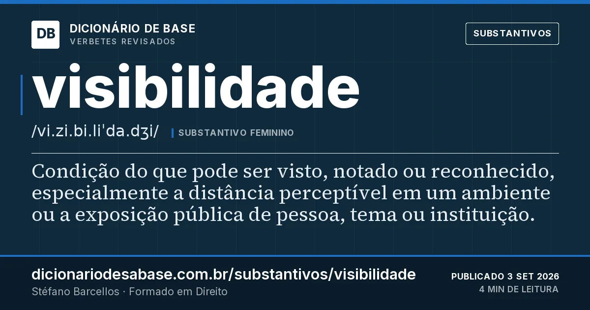 Cartão do verbete visibilidade: Condição do que pode ser visto, notado ou reconhecido, especialmente a distância perceptível em um ambiente ou a…
