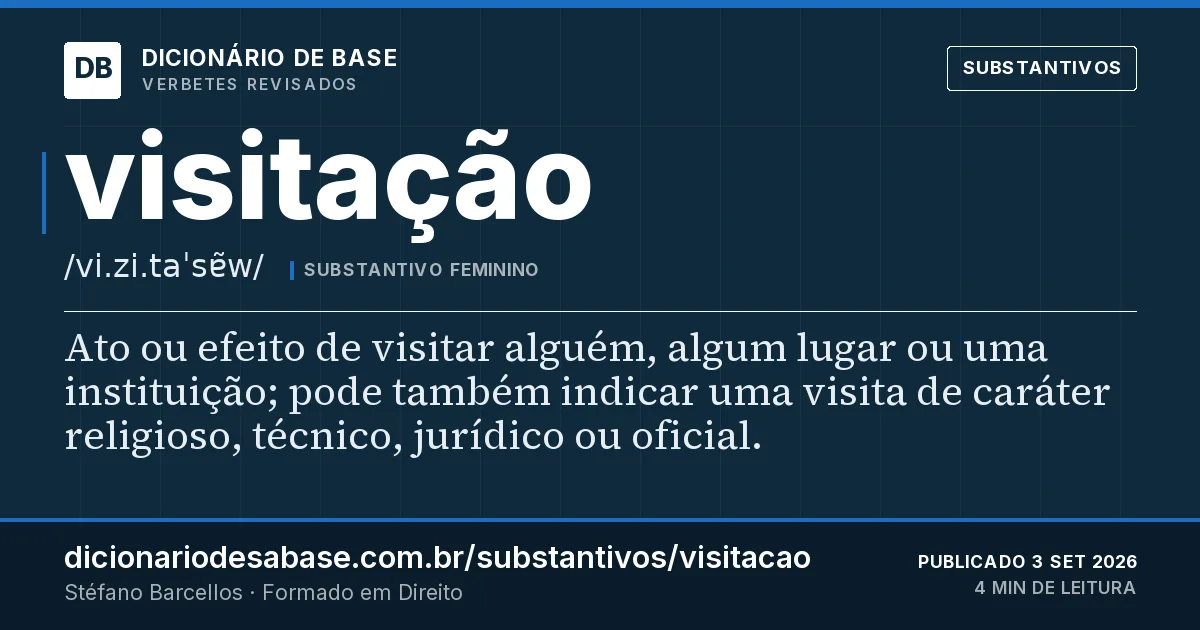 Cartão do verbete visitação: Ato ou efeito de visitar alguém, algum lugar ou uma instituição; pode também indicar uma visita de caráter religioso…