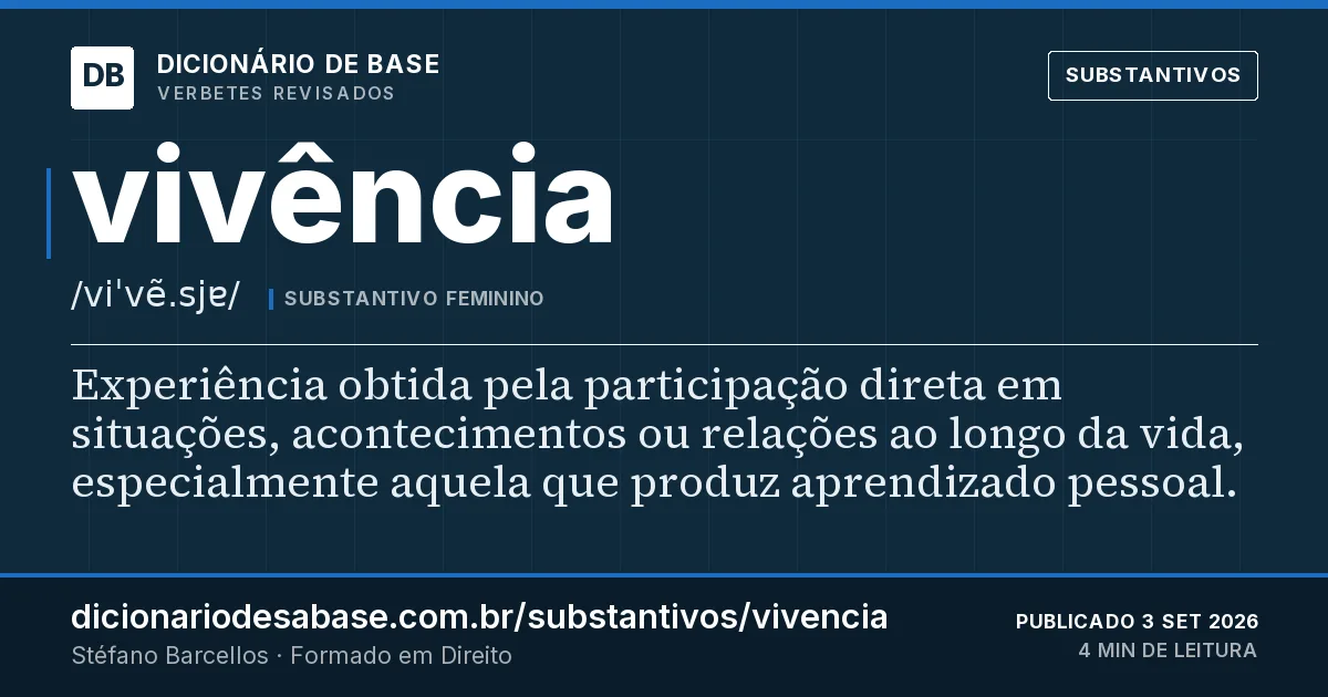 Cartão do verbete vivência: Experiência obtida pela participação direta em situações, acontecimentos ou relações ao longo da vida, especialmente…