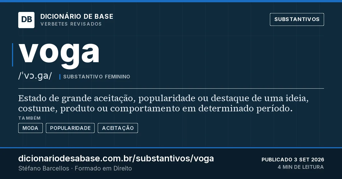 Cartão do verbete voga: Estado de grande aceitação, popularidade ou destaque de uma ideia, costume, produto ou comportamento em determinado…