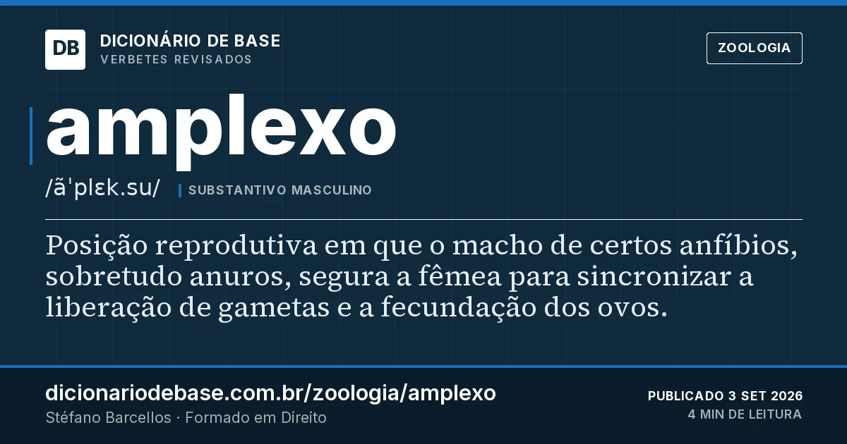 Cartão do verbete amplexo: Posição reprodutiva em que o macho de certos anfíbios, sobretudo anuros, segura a fêmea para sincronizar a liberação de…